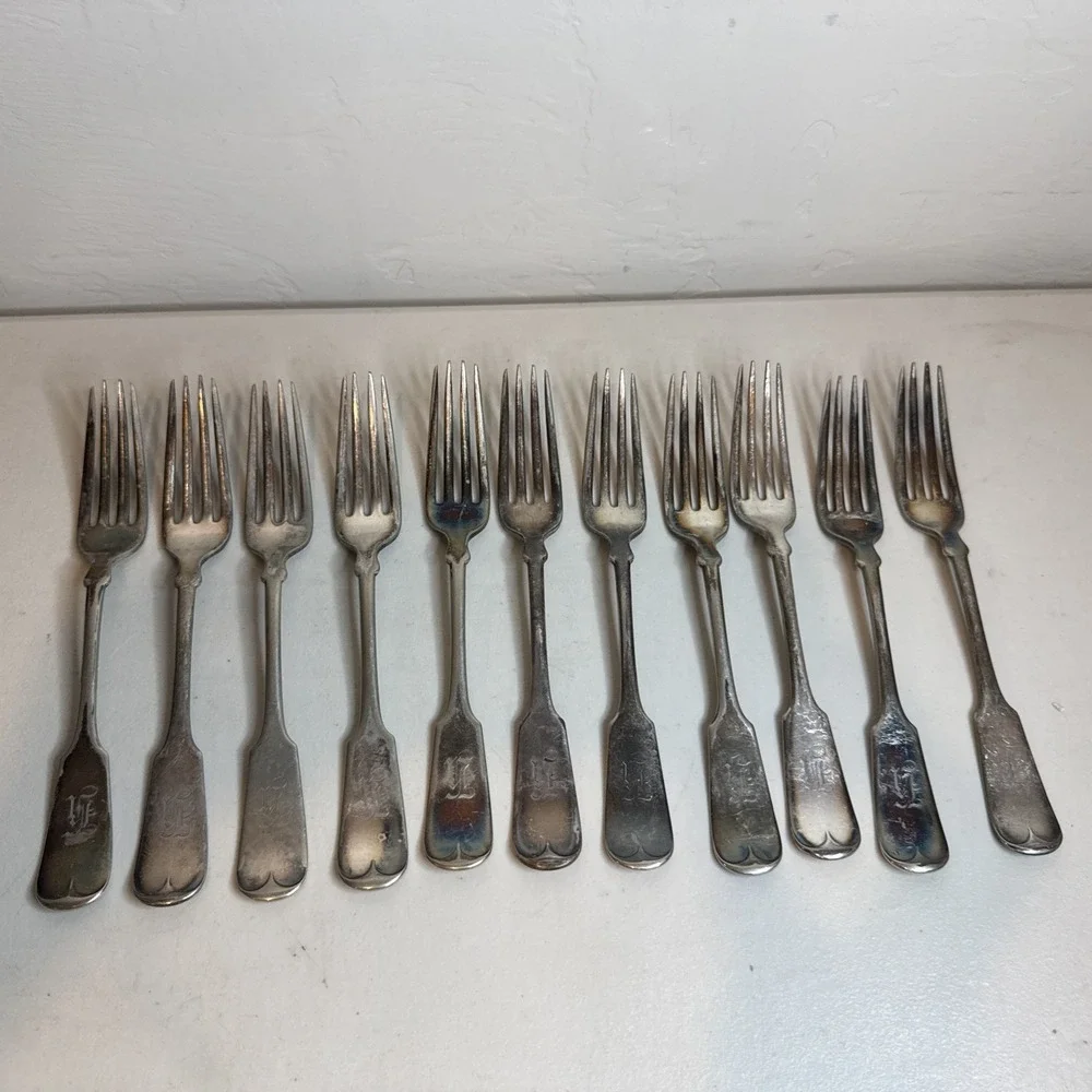 11pc Wright Kay & Co Detroit Silverplate Forks Lot Fiddle Shell Monogram Vintage